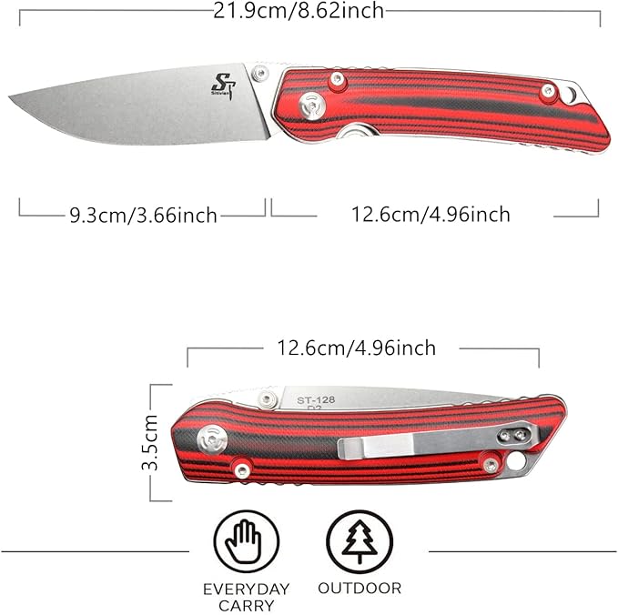 Sitivien ST128 Folding Knife,D2 Blade G10 Handle Safety Liner Lock EDC Tool Knife for Outdoor