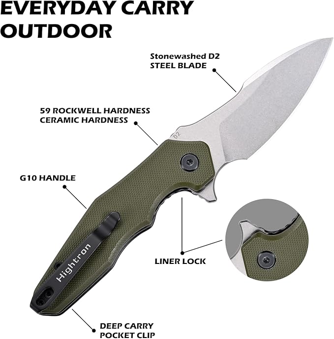 Hightron Mini Ventura EDC Pocket Knife, 2.85" Stonewashed D2 Steel Blade G10 Handle with Pocket