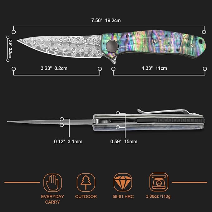 AUBEY Damascus Pocket Knife for Women Men, Sharp 3.23" Damascus Steel Blade Knife with Clip, EDC
