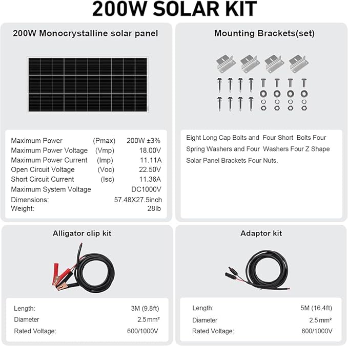 DOKIO 200W Solar Panel Kit 9-Busbar Monocrystalline with Aluminum Frame and MC4, Mounting Brackets