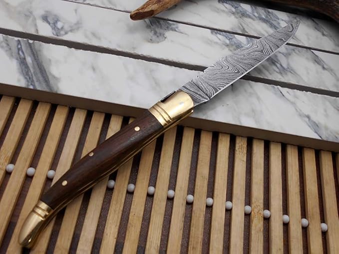 Laguiole Folding Damascus Steel Knife, 8.5" Long with 4" Hand Forged Twist patren Blade. Rose Wood