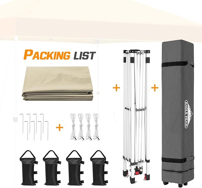 EAGLE PEAK Pop Up Canopy Tent with Wheeled Carry Bag, 8 Stakes, 4 Ropes, 4 Weight Bags, Easy Set Up