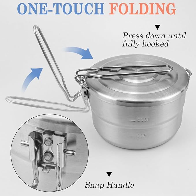 DOERDO Stainless Steel Camping Cook Pot with Lid and Folding Handle, 1.5L Camping Cookware Large