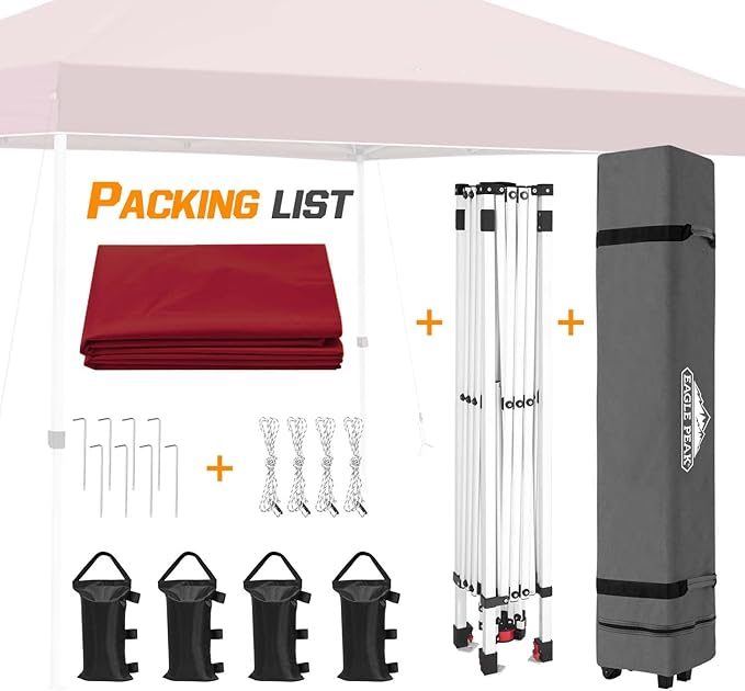 EAGLE PEAK Pop Up Canopy Tent with Wheeled Carry Bag, 8 Stakes, 4 Ropes, 4 Weight Bags, Easy Set Up