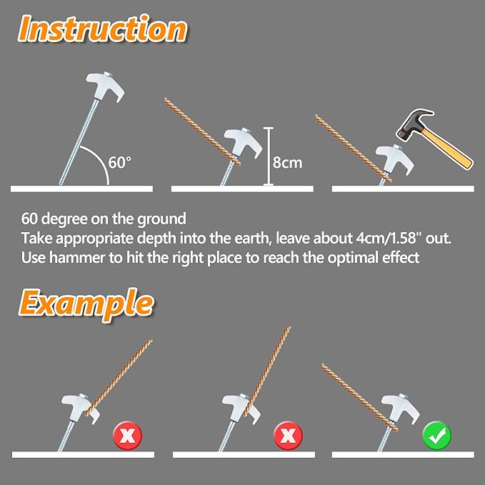 8" Screw in Tent Stakes Heavy Duty, Ground Anchors Screw in, Metal Threaded Tent Spikes, Camping