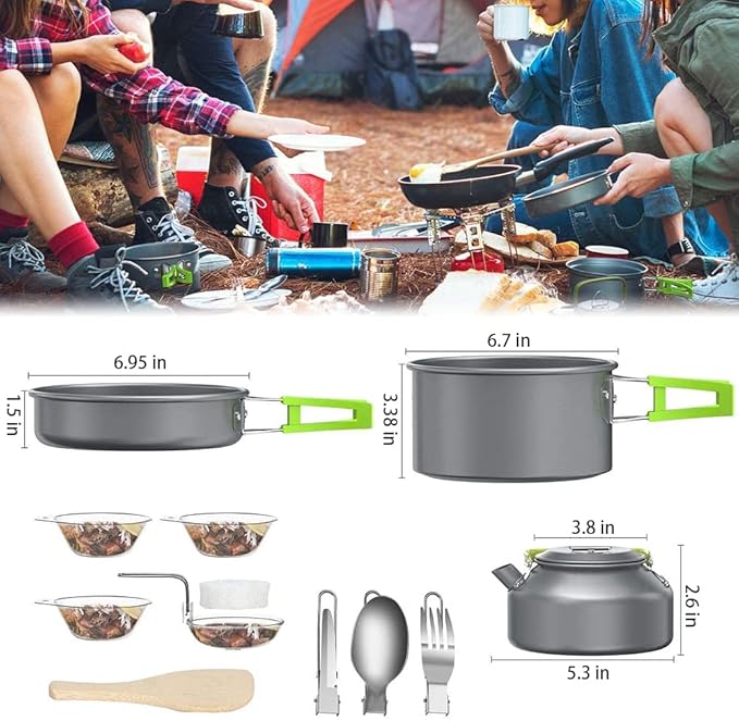 aiGear 3pcs Camping Cookware Mess Kit, Non-Stick Camping Pan Pot Kettle, Lightweight Aluminum