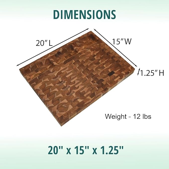 EcoDecors FSC Certified Solid Teak Cutting Board 20x15, Reversible End Grain Wood Board with 3