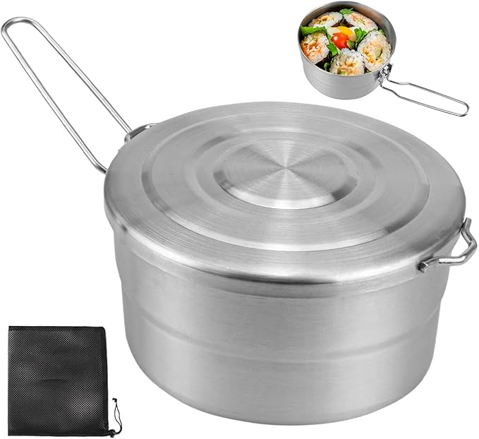 DOERDO Stainless Steel Camping Cook Pot with Lid and Folding Handle, 1.5L Camping Cookware Large