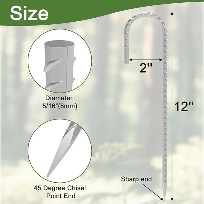 Rebar Stakes 12 Inch, 30 Pack Galvanized Metal Tent Stakes Heavy Duty Ground Stakes, J Hook Steel