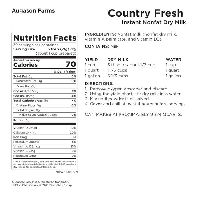 Augason Farms Country Fresh Instant Nonfat Dry Milk Can, Emergency Food Supply, Everyday Meals, 39