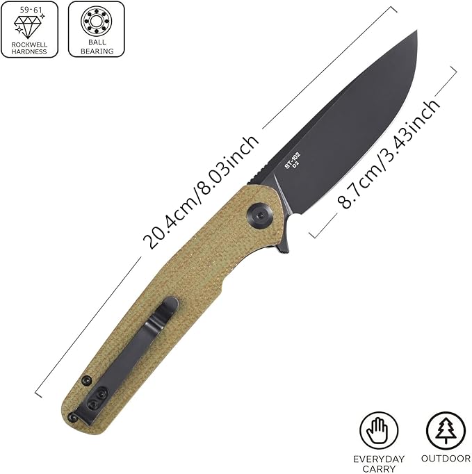 Sitivien ST102 Folding Knife, D2 Steel Blade+Micarta Handle EDC Tool Knife for Outdoor, Camping