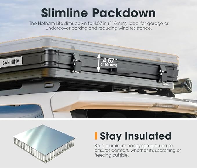 Sanhima Rooftop Tent Hard Shell - Hotham Lite Overland Aluminium Roof Top Tent 4.56" Slimline