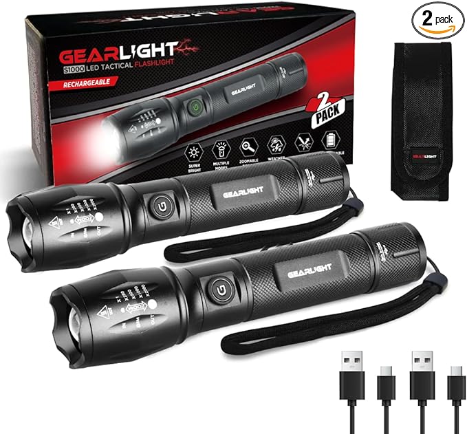 GearLight S1000 LED Tactical Flashlight - High Lumens, USB-C Fast Charging, Dual-Button, IPX4