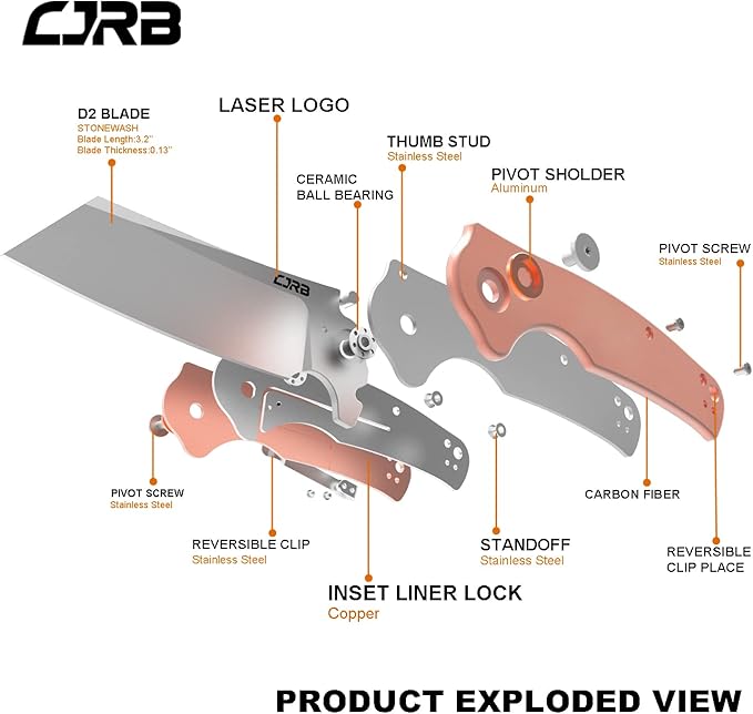 CJRB Crag Folding Pocket Knife, 3.43" D2 Steel Blade Copper Handle EDC Knife with Pocket Clip for