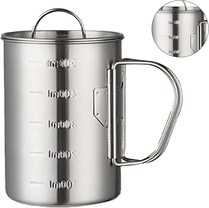 Stainless Steel Camping Cup, 17oz Fireproof Metal Cup with Lid and Foldable Handle, High