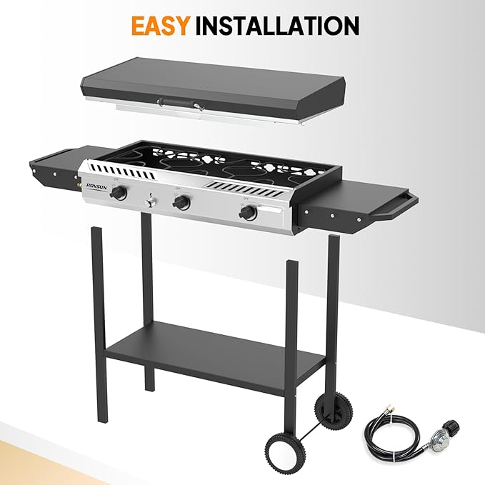 ROVSUN 3 Burner Outdoor Propane Gas Stove with Griddle, Ignition & Side Shelves, 225,000 BTU
