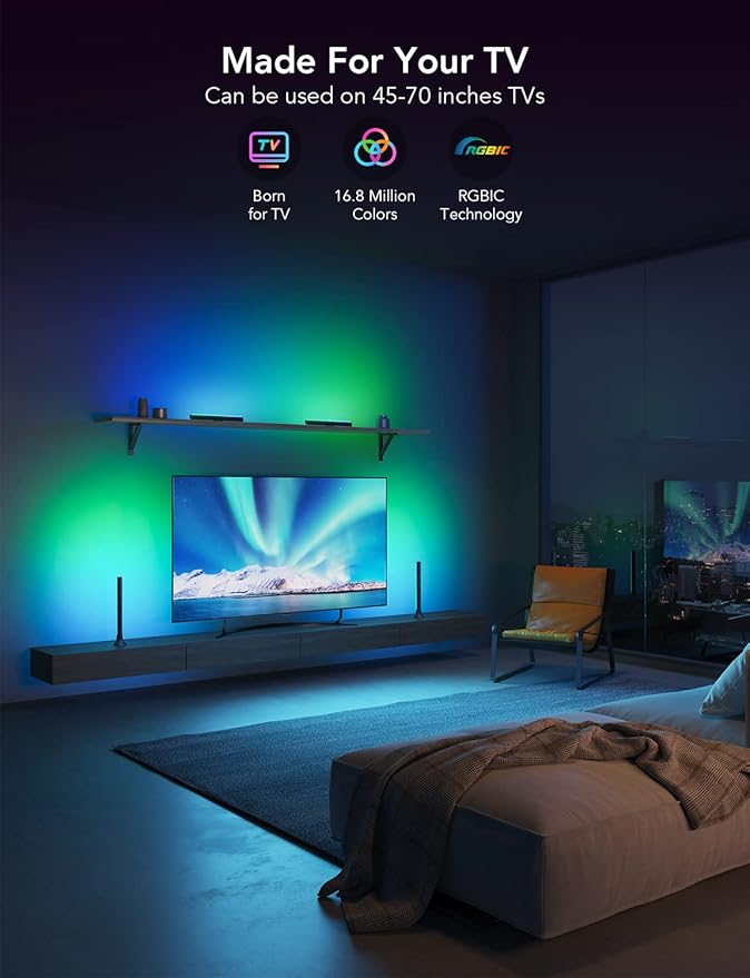 Govee RGBIC Light Bars, 15 Inches WiFi TV Backlight Suitable for 45-70 inch TVs, Smart Light Bars