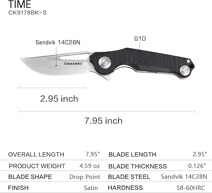 Harnds Time Folding Knife with Sandvik 14C28N Steel Blade Pocket Knife with G10 Handle Camping