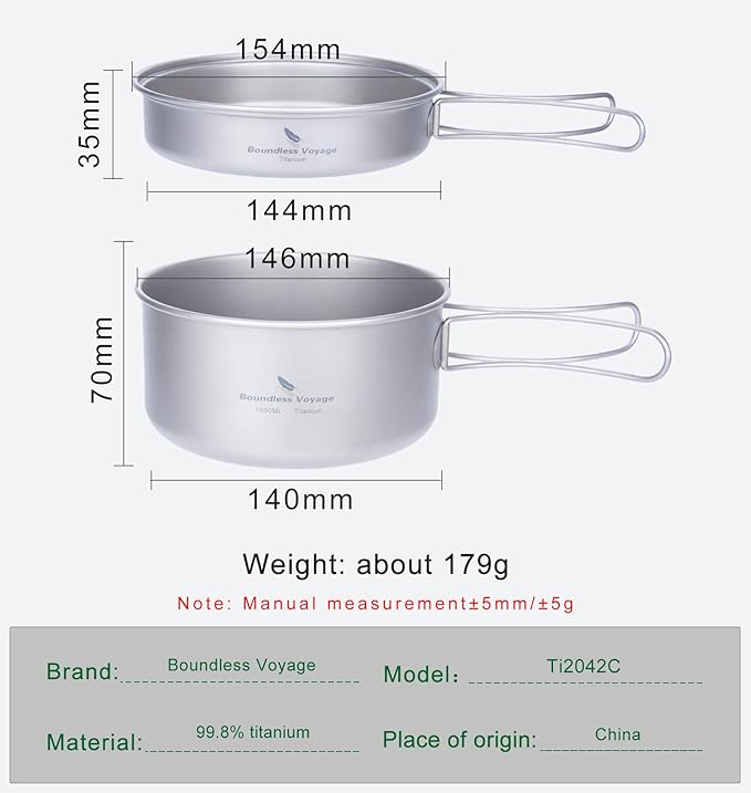iBasingo Backpacking Cookset Titanium Camping Pots Set Ultralight Outdoor Picnic Pots Pans with