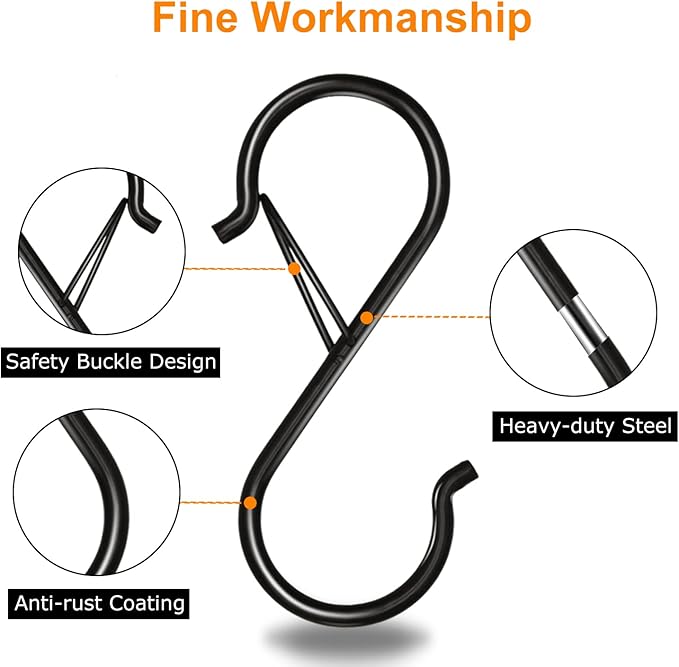 48 Pack S Hooks for Hanging, 3.5 inch Heavy Duty Metal S Hooks with Safety Buckle S Shaped Hooks