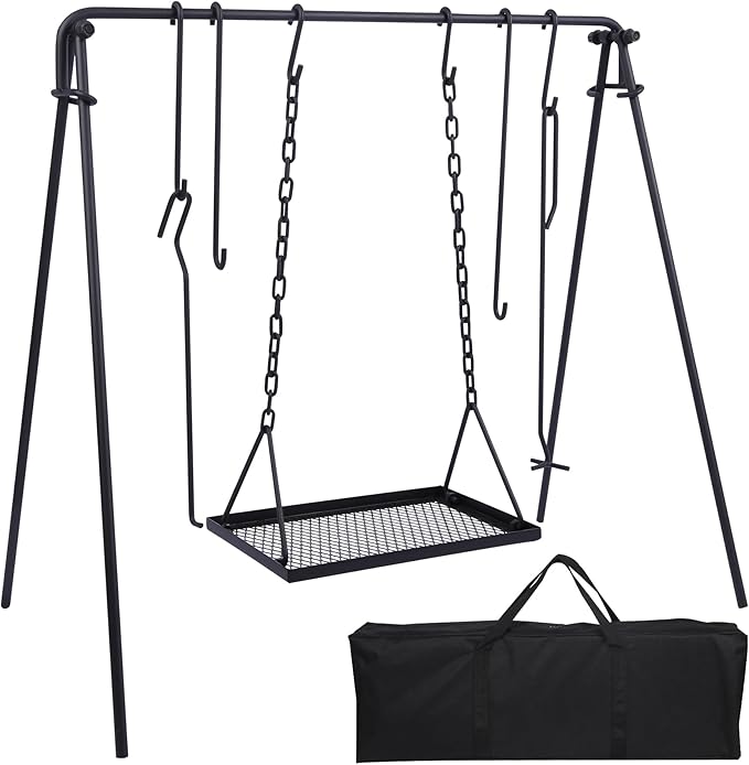 REDCAMP Swing Campfire Grill Stand - Collapsible Campfire Cooking Rack with 6 Hooks & Iron Grill