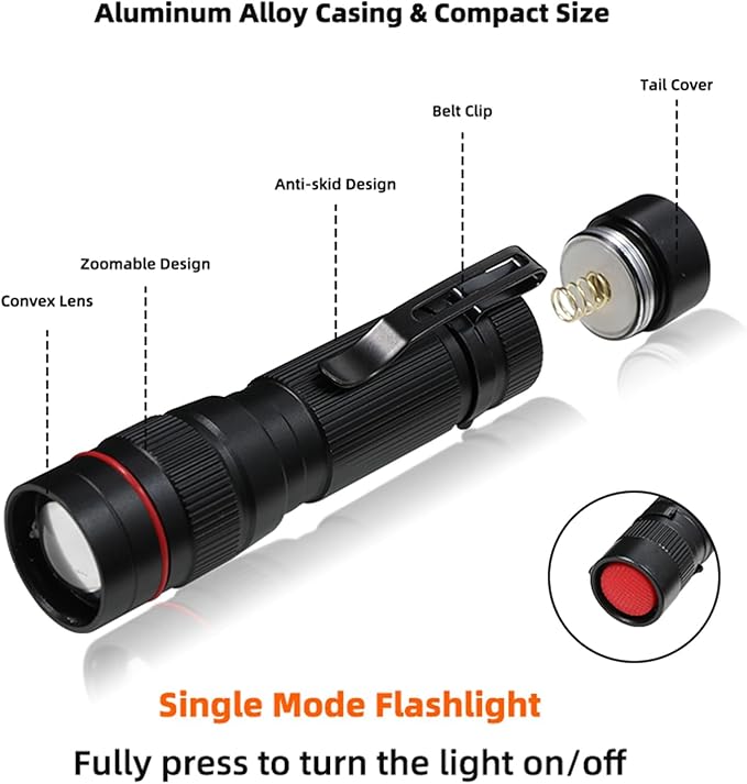 6 Pack Small Mini LED Flashlight, Single Mode Zoomable Flashlights AA Battery Powerful Flashlights