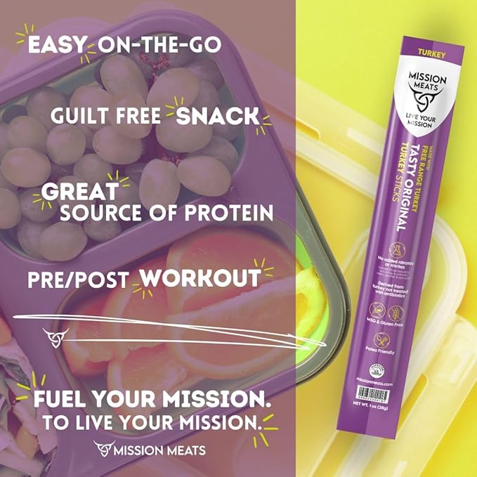 Mission Meats Turkey Sticks – 100% Free Range, Zero Sugar, Healthy Snacks, 9g Protein, Individually