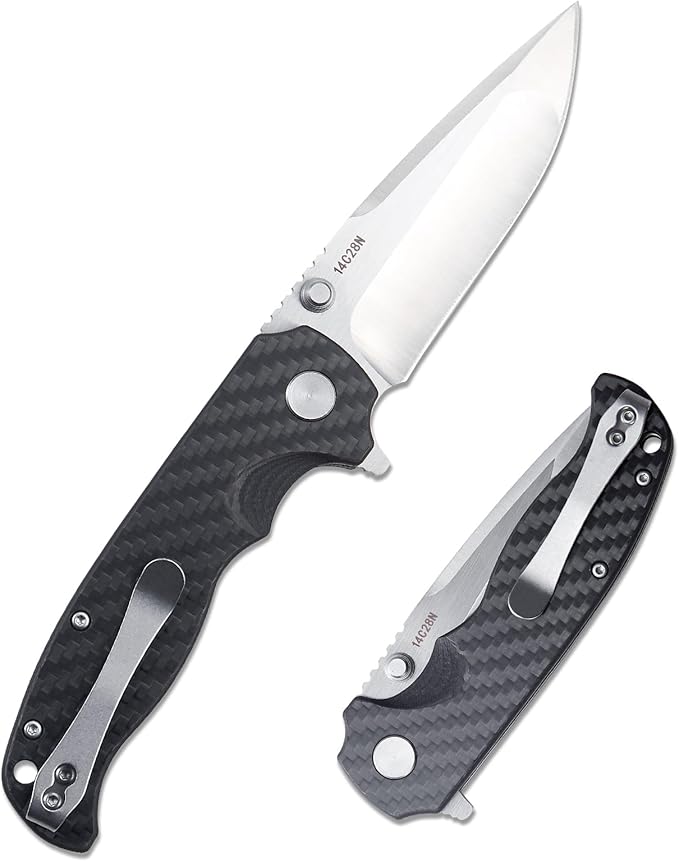 Men's Folding Pocket Knife – 3.4" Sandvik 14C28N Blade Carbon Fiber Handle Ceramic Bearings Liner
