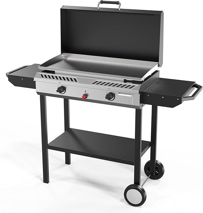 Bonnlo 2-in-1 Propane Stove and Griddle, Iginition Outdoor Gas Cooker with Storage Shelf and