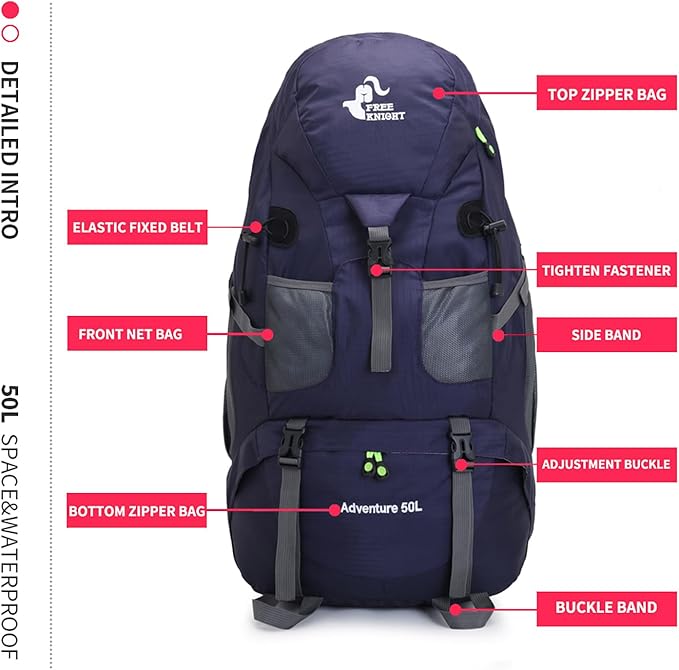 Bseash 50L Hiking Backpack, Water Resistant Lightweight Outdoor Sport Daypack Travel Bag for
