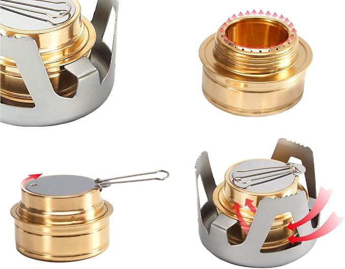 Mini Alcohol Backpacking Stove, Lightweight Brass Spirit Burner with Aluminium Stand for Camping