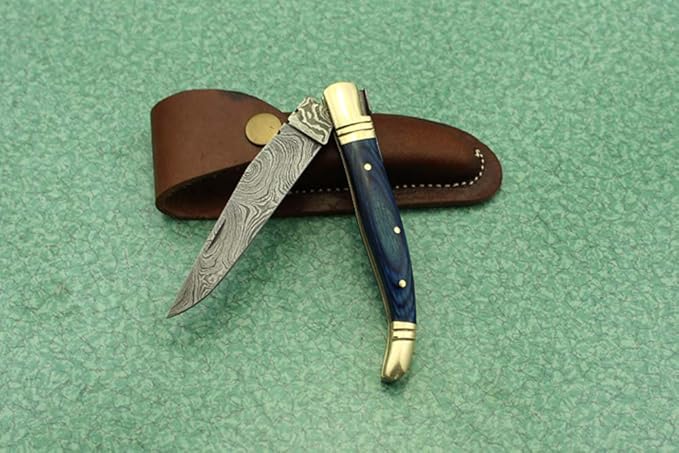 Laguiole Folding Damascus steel knife, 8.6" Long with 4" hand forged custom twist pattern Blade.