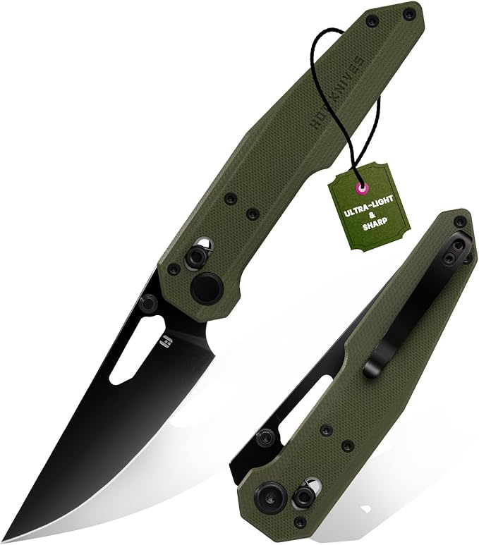 Sharplyn Folding Pocket Knife, 3.6" 14C28N Steel Blade with Black PVD Non-Slip OD Green G10 Handle