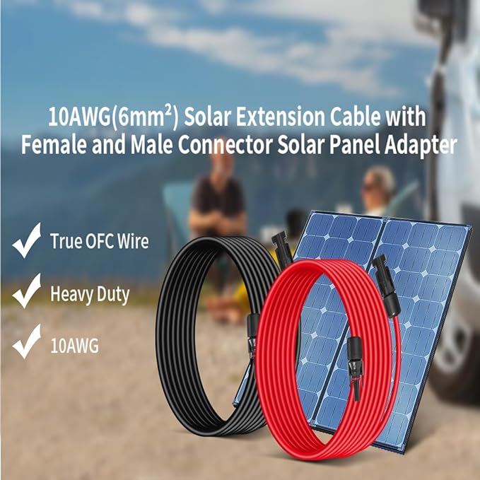 10AWG (6mm²) Solar Panel Extension Cable 3FT - Black & Red, Heavy Duty, Weather Resistant, Standard