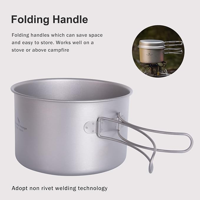 Boundless Voyage Outdoor Titanium Pot with Pan Set with Collapsible Folding Handle for Outdoor