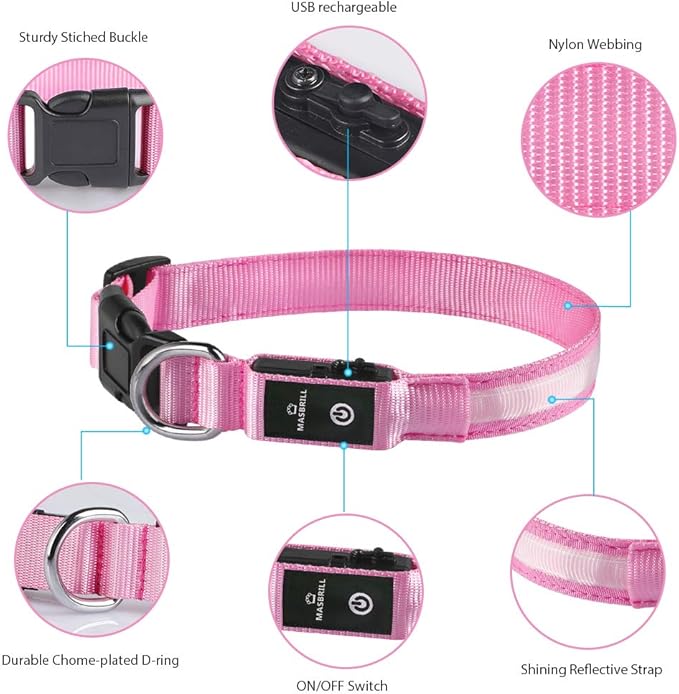 MASBRILL Light Up Collar - Rechargeable LED Dog Collar for Night Walking, Flashing Light, Fits