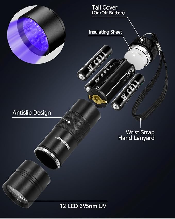 morpilot Black Light, 4 PCS 12 LEDs 395nm UV Blacklight Flashlights Detector for Pets Urine and