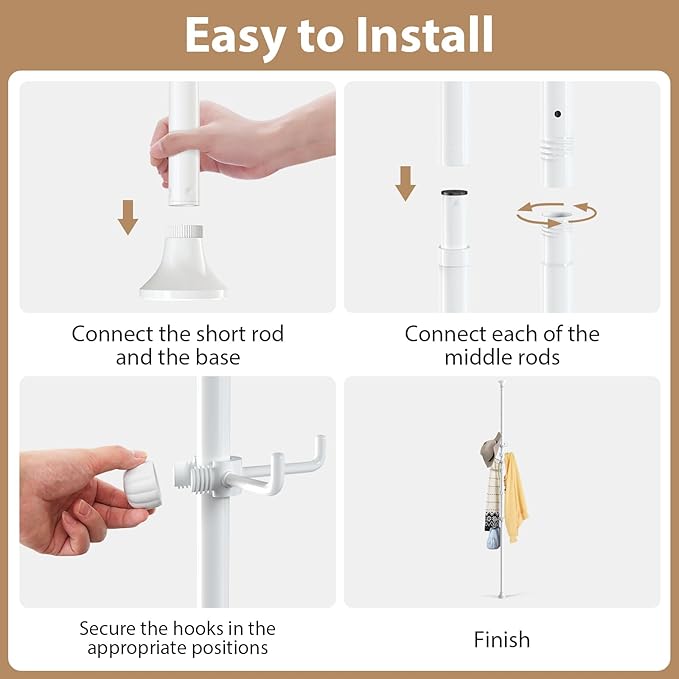 Coat Rack Freestanding, 56 to 125 inch Adjustable Tension Rod Coat Tree with 12 Hooks for Hanging