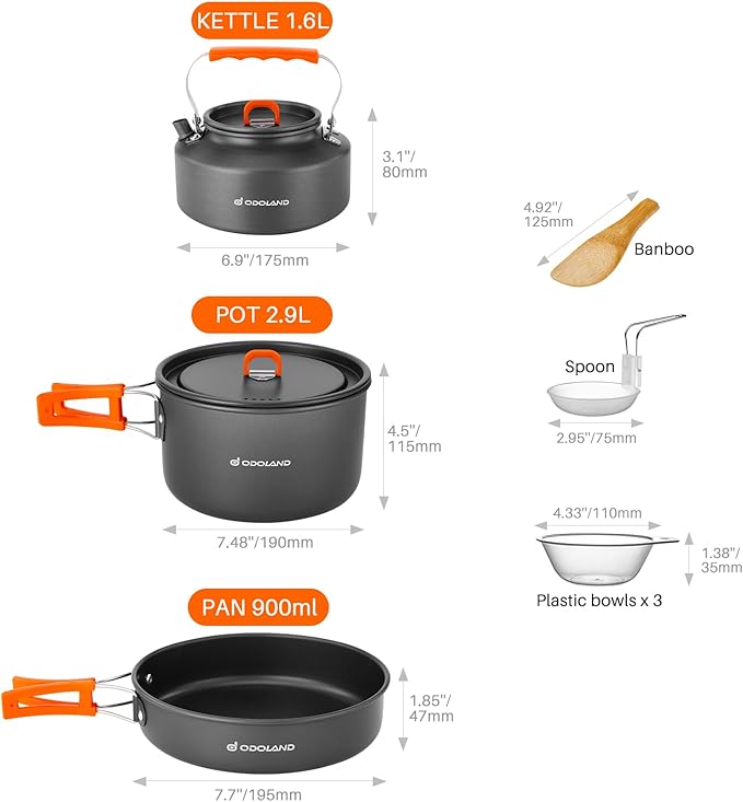 Odoland 10pcs Camping Cookware Camping Pots and Pans Set with Kettle Plastic Bowls and Soup Spoon