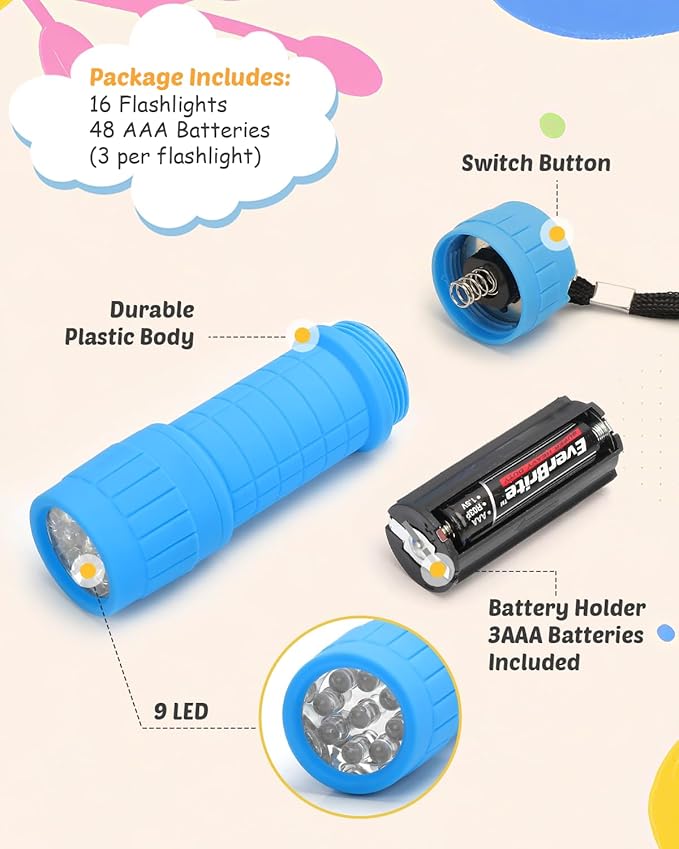 EverBrite 16-Pack Mini LED Flashlight Set - Assorted 4 Colors, 48 AAA Batteries Included, for
