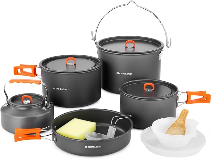Odoland 18pcs Camping Cookware Large Size Hanging Pot Pan Kettle Set with Plastic Plates Bowls Soup