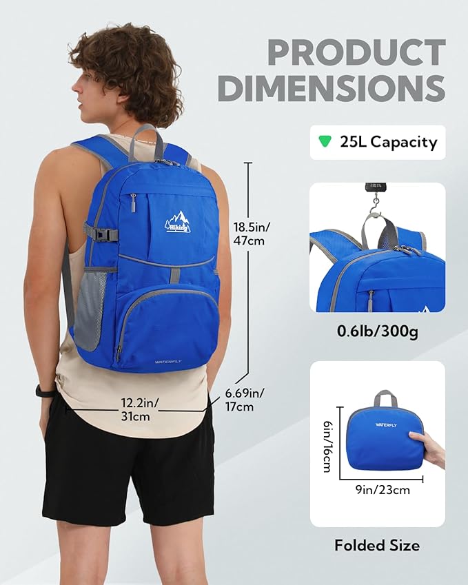WATERFLY Hiking Foldable Daypack Backpack: 25L Ultra Lightweight Waterproof Day Pack for Woman Man