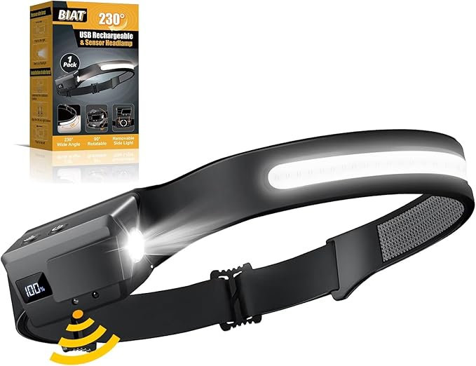 BIAT LED Headlamp Rechargeable, 230° Wide Beam Headlight with Motion Sensor, 90° Rotation and