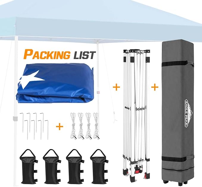 EAGLE PEAK Pop Up Canopy Tent with Wheeled Carry Bag, 8 Stakes, 4 Ropes, 4 Weight Bags, Easy Set Up