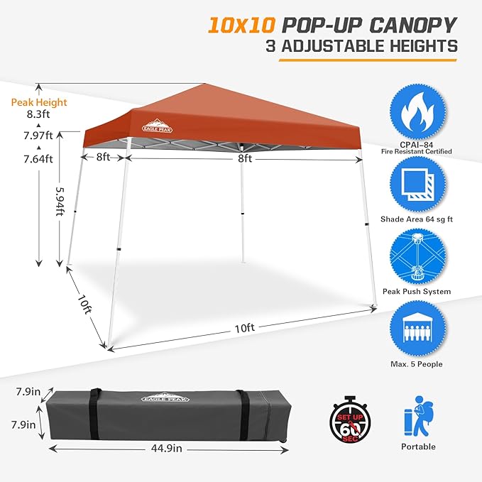 EAGLE PEAK 10x10 Slant Leg Pop-up Canopy Tent Easy One Person Setup Instant Outdoor Beach Canopy