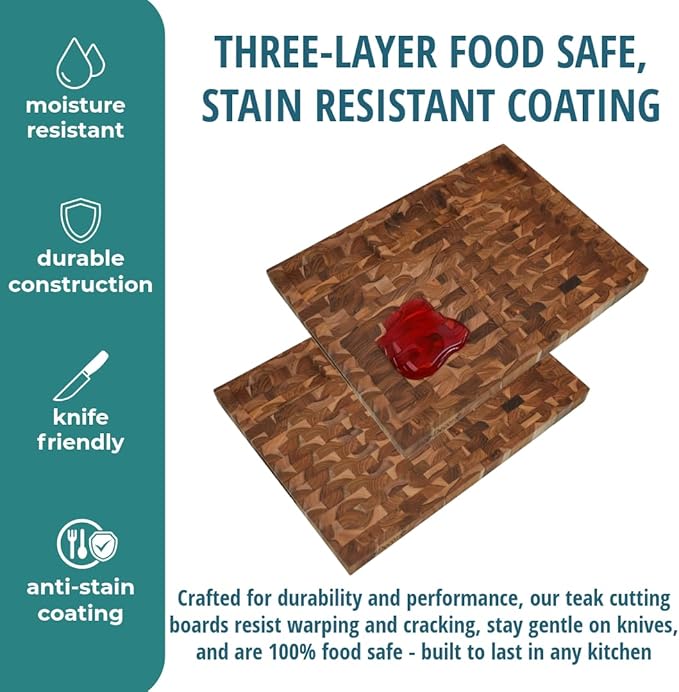 EcoDecors FSC Certified Solid Teak Cutting Board 20x15, Reversible End Grain Wood Board with 3