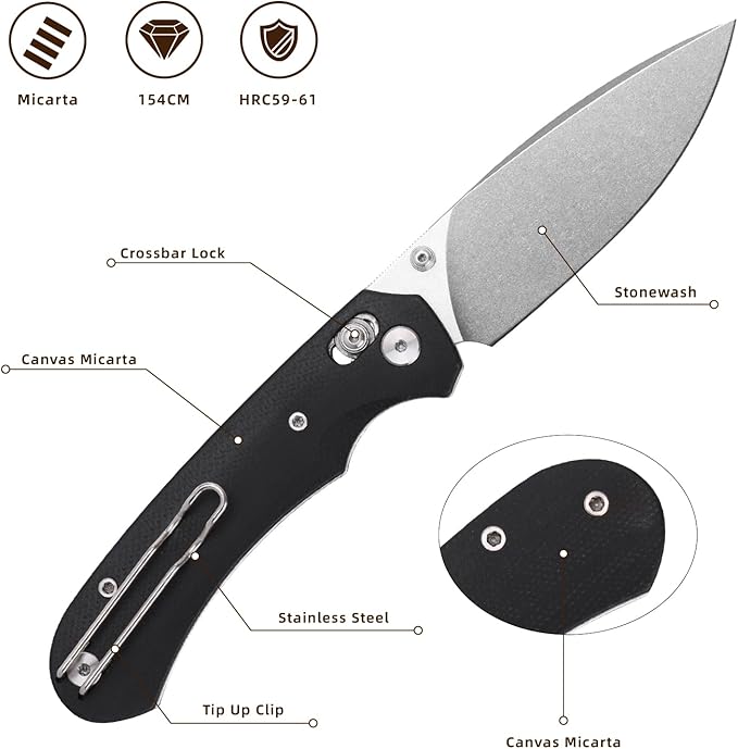 Folding Knife,Pocket Knife,3.31??154CM Blade,Erogonomic Canvas Micarta Handle,Survival Camping