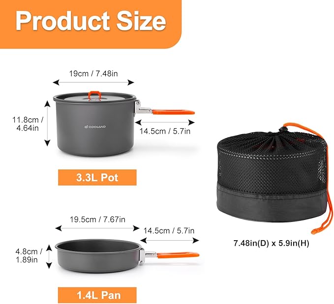 Odoland Camping Cookware Mess Kit, Non-Stick Lightweight Camping Pot and Fry Pan Set with Mesh Bag