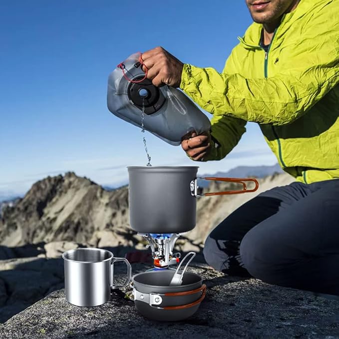 Odoland 8pcs Camping Cookware Mess Kit, Camping Pot and Pan Set with Mini Backpacking Stove