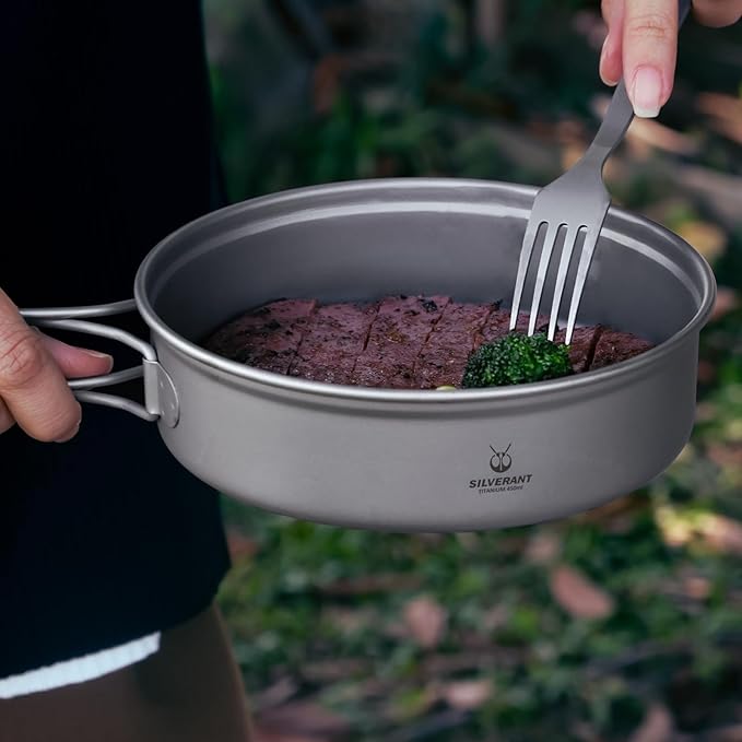SILVERANT Camping Plate Titanium Pan Dish Plate with Handle & Mesh Bag, Large Reuseable Ultralight